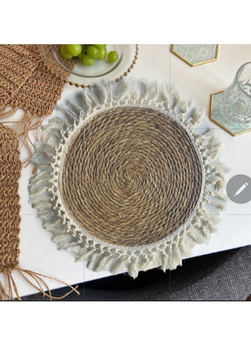 Round Placemats Set of 10 Pcs Jute Tablemat with Tassel Heat Resistant Woven Place Mats Anti-Slip Placemats or Table Mats 38 X 38 Cm