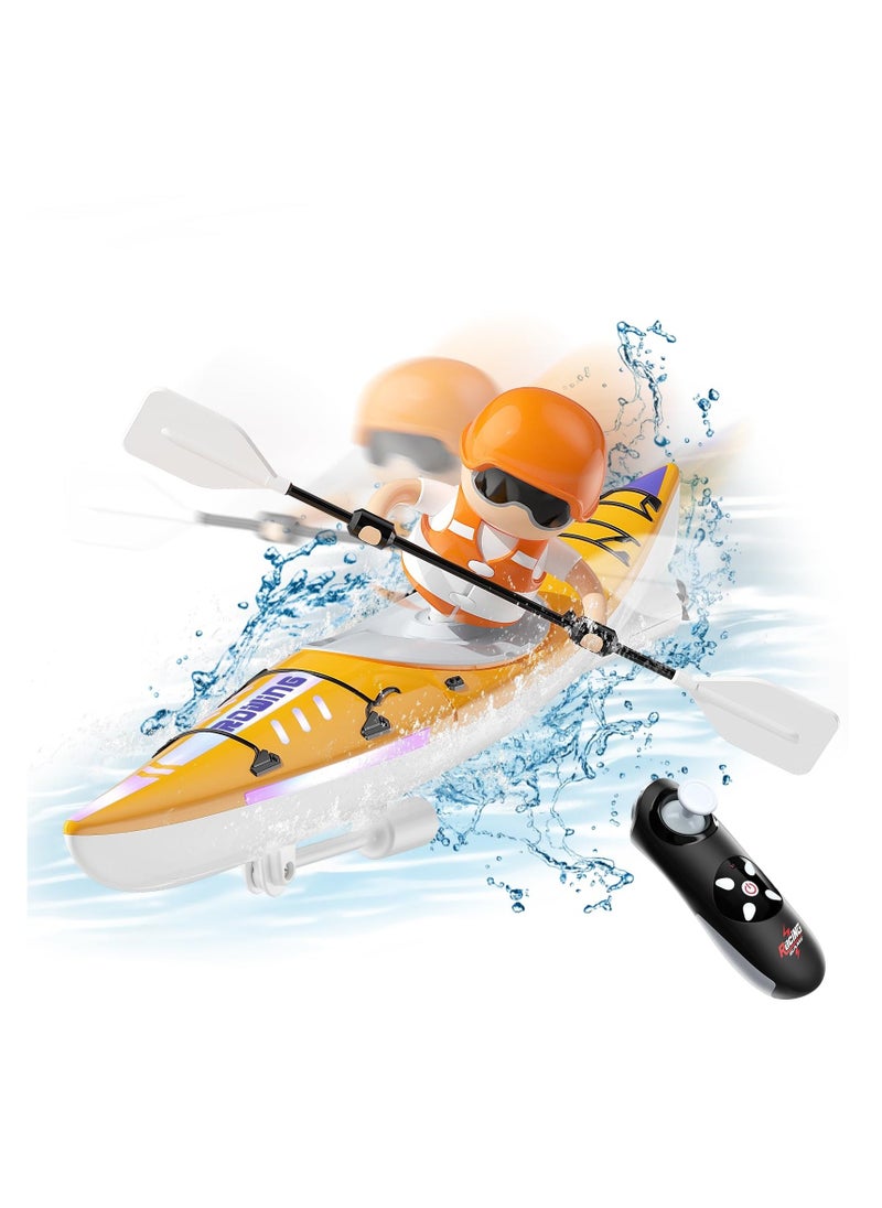 Remote Control Boat for Kids with LED Lights, 2.4GHz Simulated RC Kayak with Paddle for Lake, River, Pool, and Bathtub, Balance Water Toys for Boys and Girls, Cool Gifts for Kids 4-12 (Orange)