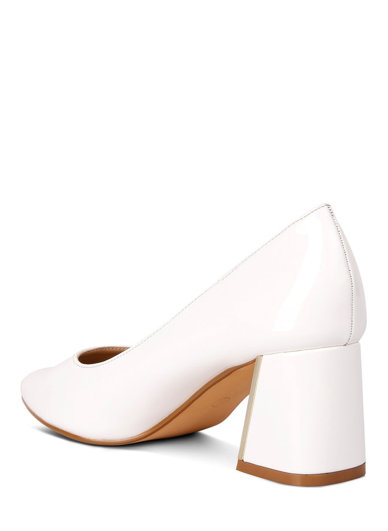 White Metallic Accent Block Heel Pumps