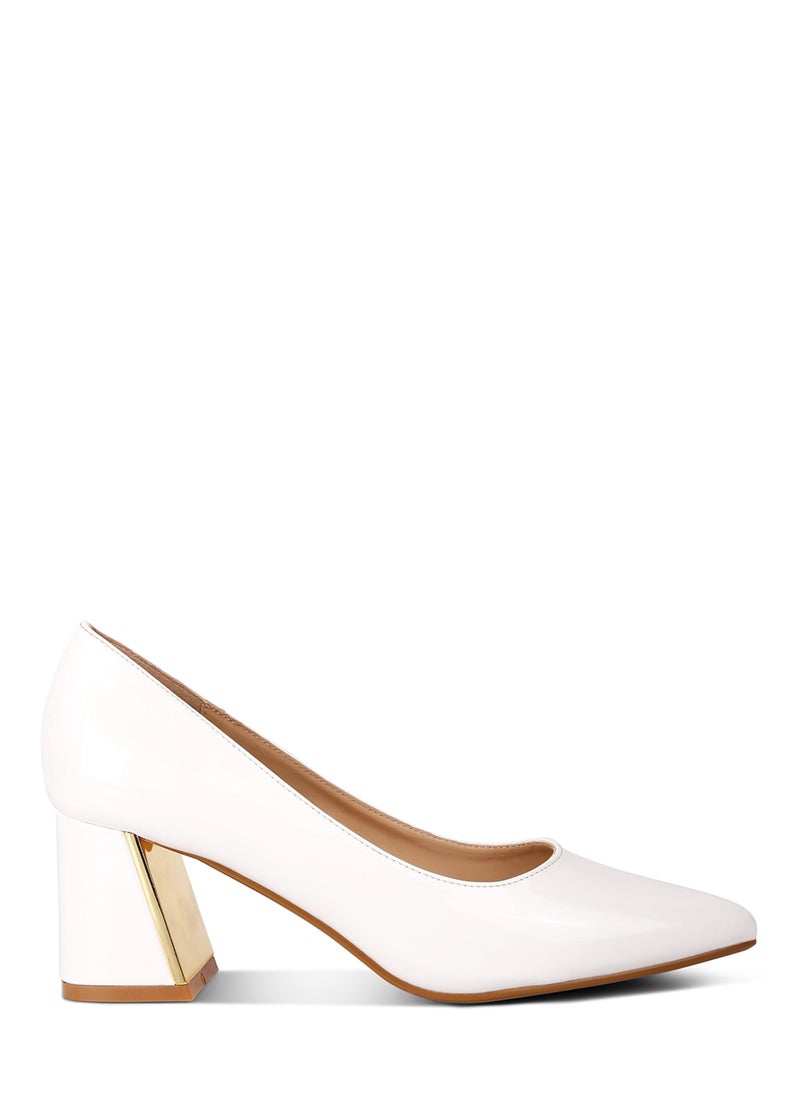 White Metallic Accent Block Heel Pumps