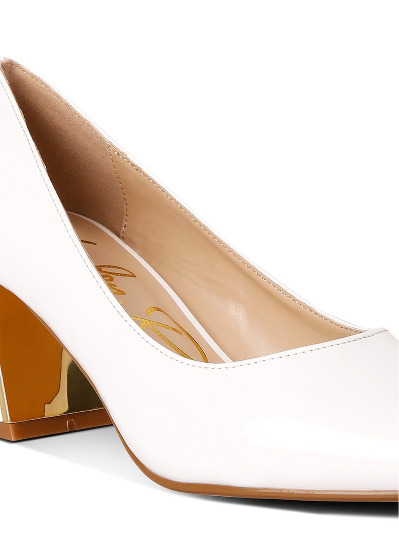 White Metallic Accent Block Heel Pumps