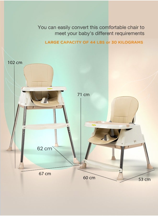 4 In 1 Baby High Chair for kids With Adjustable Height, Footrest, Tray And Belt For 6 Months to 3 Years Beige