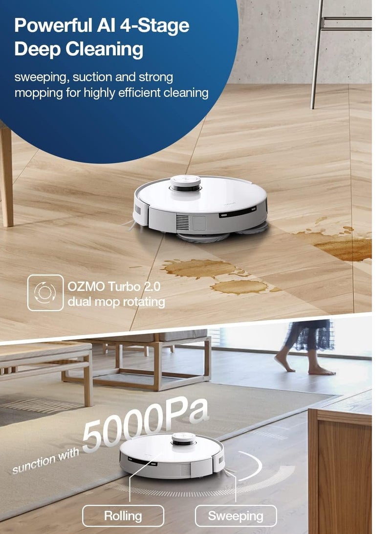 Deebot Robot Vacuum and Mop Combo, 5000Pa Suction,Auto Self-Emptying, Auto Mop Cleaning, Hot Air Drying, Ozmo Turbo Deep Mopping with Precision Mapping and Obstacle Avoidance 45 W T10 Omni White