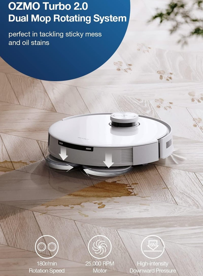 Deebot Robot Vacuum and Mop Combo, 5000Pa Suction,Auto Self-Emptying, Auto Mop Cleaning, Hot Air Drying, Ozmo Turbo Deep Mopping with Precision Mapping and Obstacle Avoidance 45 W T10 Omni White