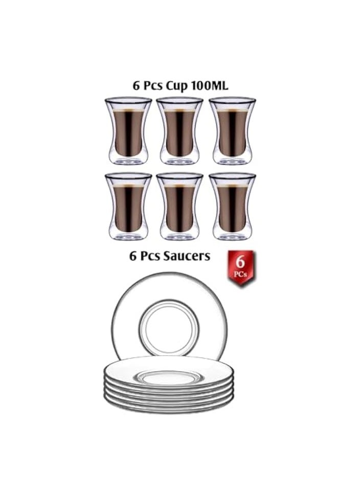 Double Wall Glass Tumbler With Saucer Estikana Set, Tea or Coffee Cups, Set of 12 Pcs 100 ML