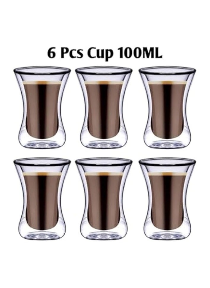 Double Wall Glass Tumbler With Saucer Estikana Set, Tea or Coffee Cups, Set of 12 Pcs 100 ML