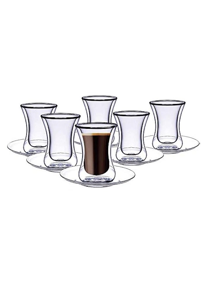 Double Wall Glass Tumbler With Saucer Estikana Set, Tea or Coffee Cups, Set of 12 Pcs 100 ML