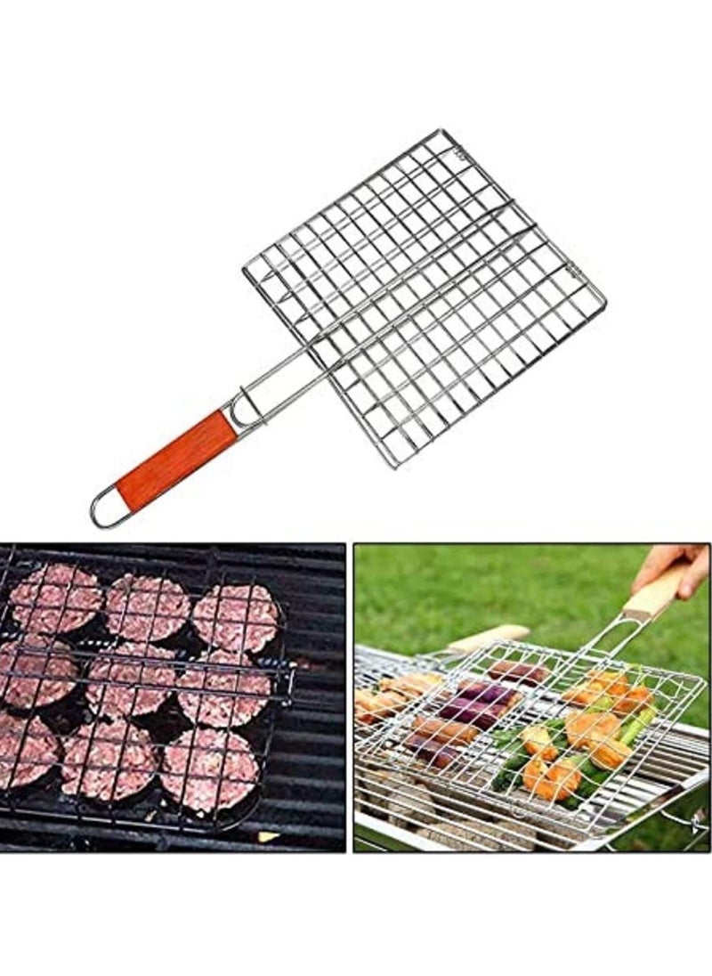 Large Stainless Steel Lightweight Barbecue, Fish, Meat Basket/Grill with Red Wooden Handle-Flexible and Lockable Basket/Grill Grate-Rust Free-Silver Grills