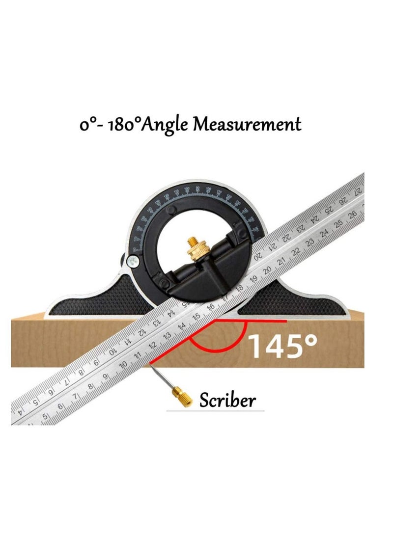 Combination Angle Ruler, 300MM Combination Square Angle Ruler Stainless Steel Multi Function Measuring Tool About 0.35Kg