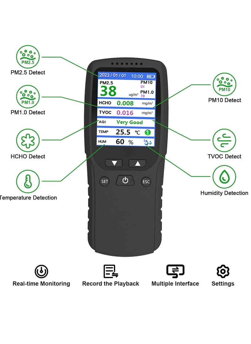 Air Quality Monitor, Formaldehyde Detector, Temperature & Humidity Meter, Pollution Tester, Sensor; Detect PM2.5/PM10/PM1.0 Micron Dust, Test Indoor TVOC Volatile Organic Compound Gas; eBook