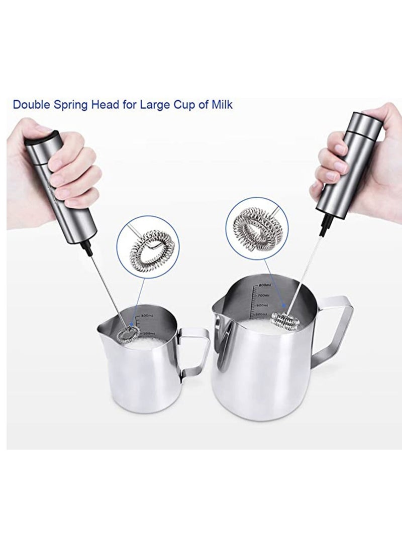 Milk Frother Handheld Coffee Frother Double Powerful Electric Foam Maker Beater with Additional Single Spring Whisk Head, Stainless Steel