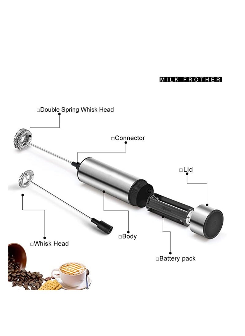 Milk Frother Handheld Coffee Frother Double Powerful Electric Foam Maker Beater with Additional Single Spring Whisk Head, Stainless Steel