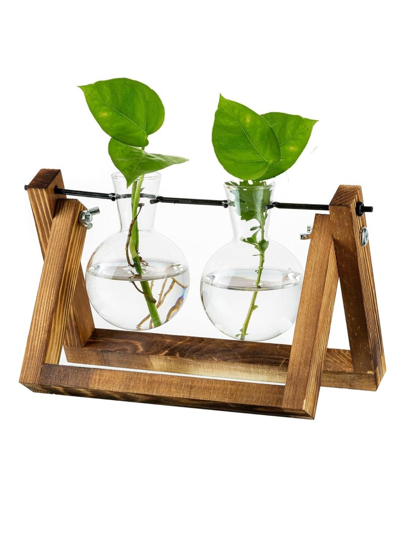 Planter with Wooden Stand Upgrade Retro Hanging Propagation Stations Terrarium Plant Holder with Retro Solid Wooden Stand for Hydroponics Indoor Office Desk Decor Accessories Two Bulbs