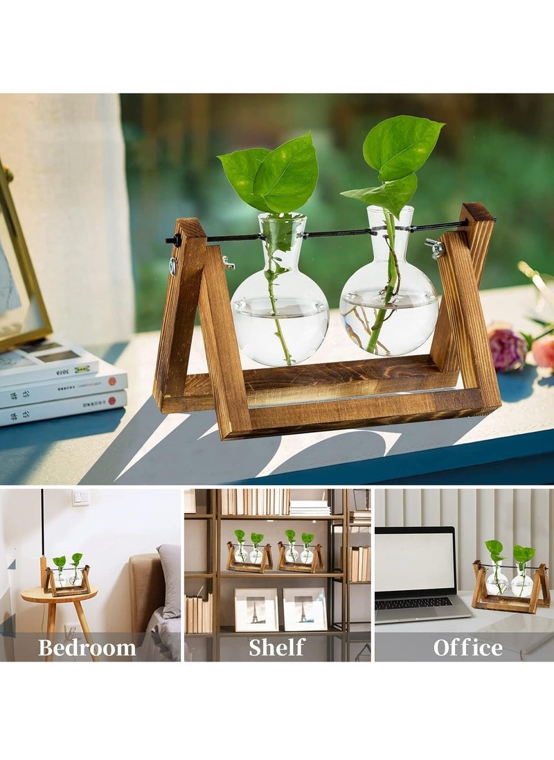 Planter with Wooden Stand Upgrade Retro Hanging Propagation Stations Terrarium Plant Holder with Retro Solid Wooden Stand for Hydroponics Indoor Office Desk Decor Accessories Two Bulbs