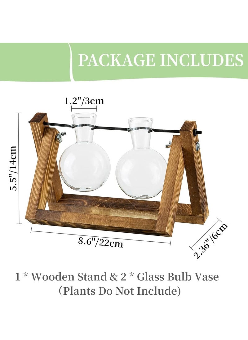 Planter with Wooden Stand Upgrade Retro Hanging Propagation Stations Terrarium Plant Holder with Retro Solid Wooden Stand for Hydroponics Indoor Office Desk Decor Accessories Two Bulbs