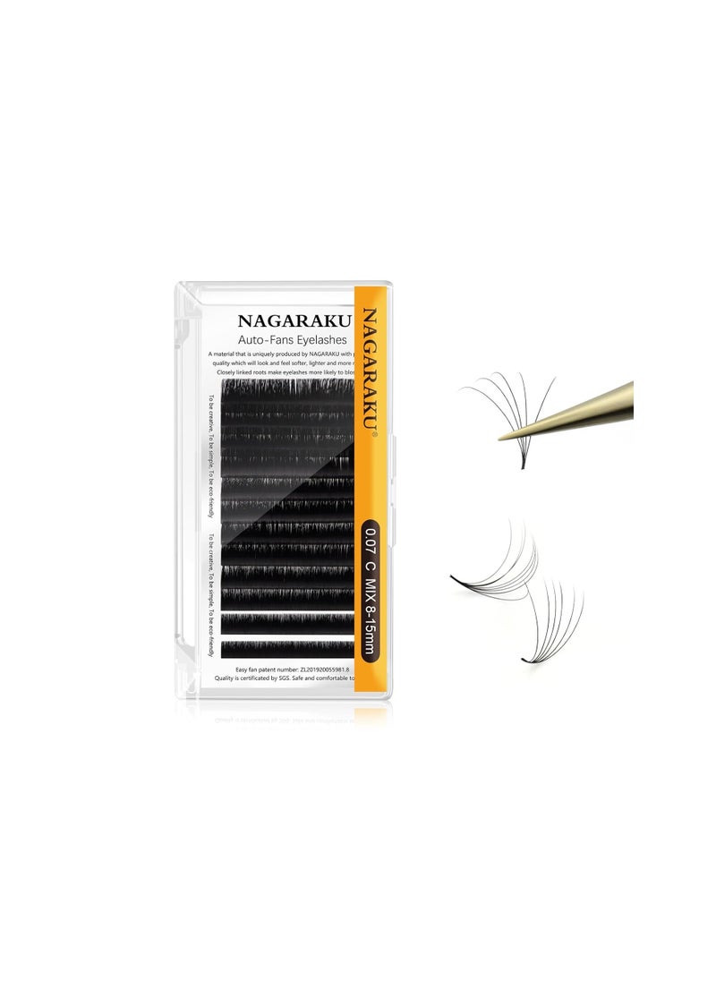 NAGARAKU Easy Fan Eyelash Extensions Volume Lash 0.07 C curl 8-15mm Mix Tray Rapid Blooming Faux Mink Cluster For Beginners Soft Professional Lash Supplies