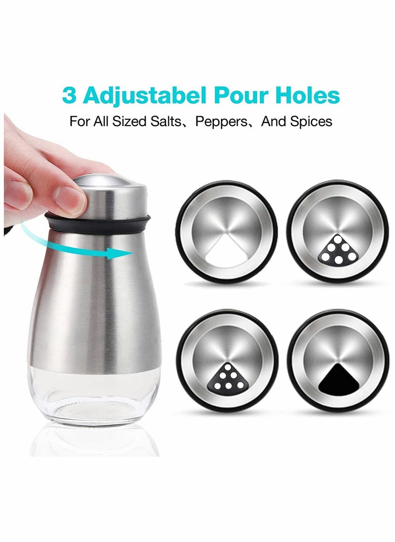 2Pcs Salt and Pepper Shakers Set, Salt Shaker with Adjustable Pour Holes, 304 Stainless Steel and Glass Spice Dispenser Refillable, Perfect for Black Pepper, Sea Salts