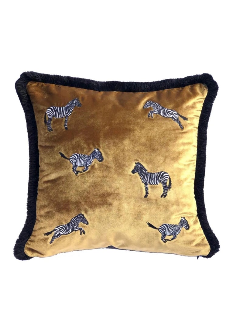 Mustard Zebra Embroidered Velvet Cushion Cover | Modern and Stylish Decorative Case