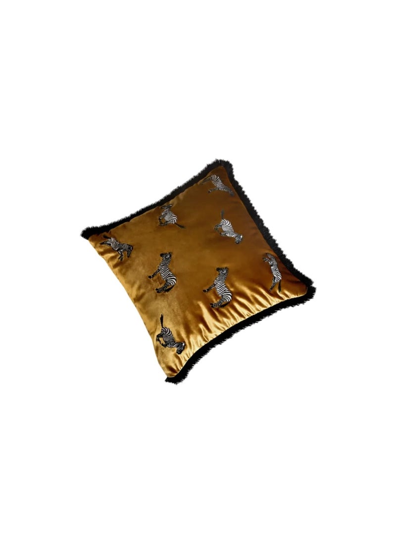 Mustard Zebra Embroidered Velvet Cushion Cover | Modern and Stylish Decorative Case