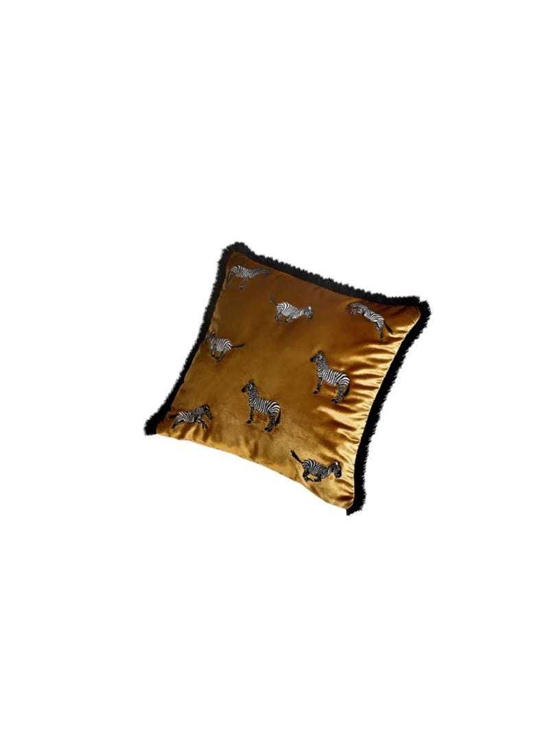 Mustard Zebra Embroidered Velvet Cushion Cover | Modern and Stylish Decorative Case