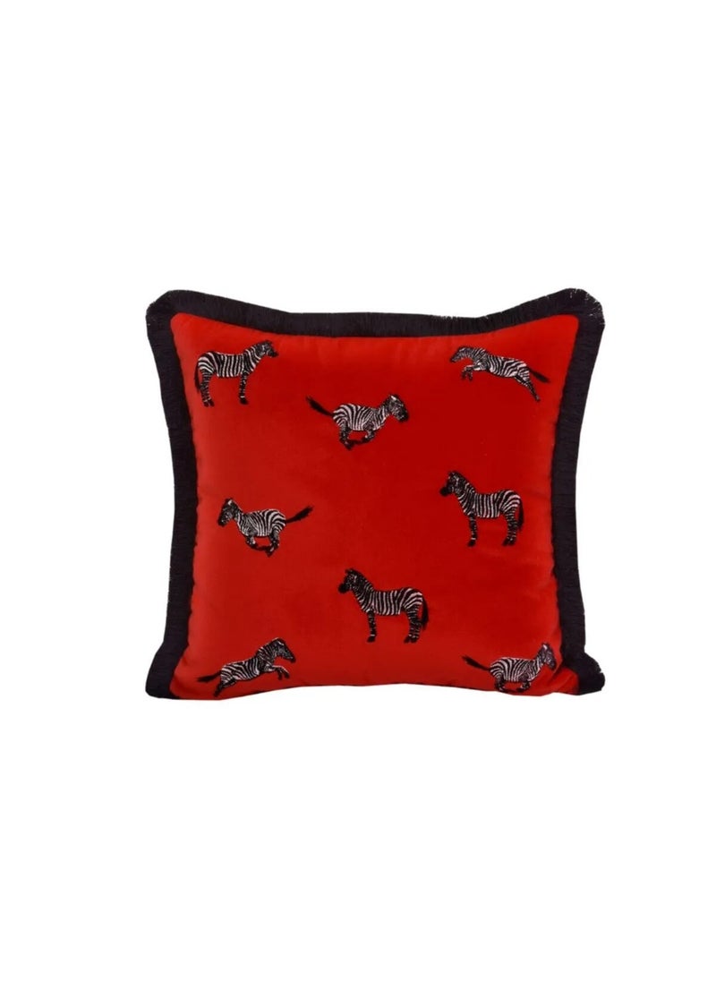 Red Velvet Zebra Embroidered Cushion Cover | Decorative and Elegant Design