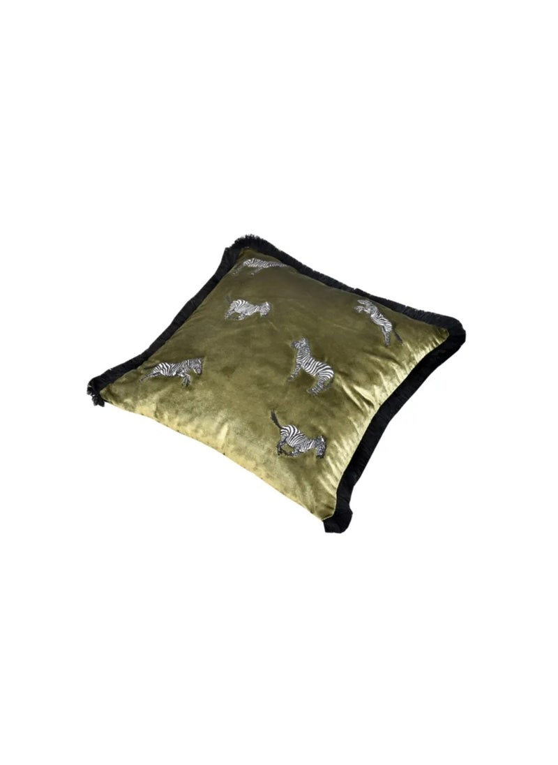 Olive Green Velvet Cushion Cover | Zebra Patterned Decorative Pillow Cover