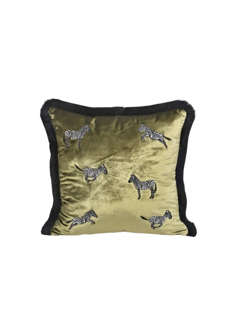 Olive Green Velvet Cushion Cover | Zebra Patterned Decorative Pillow Cover