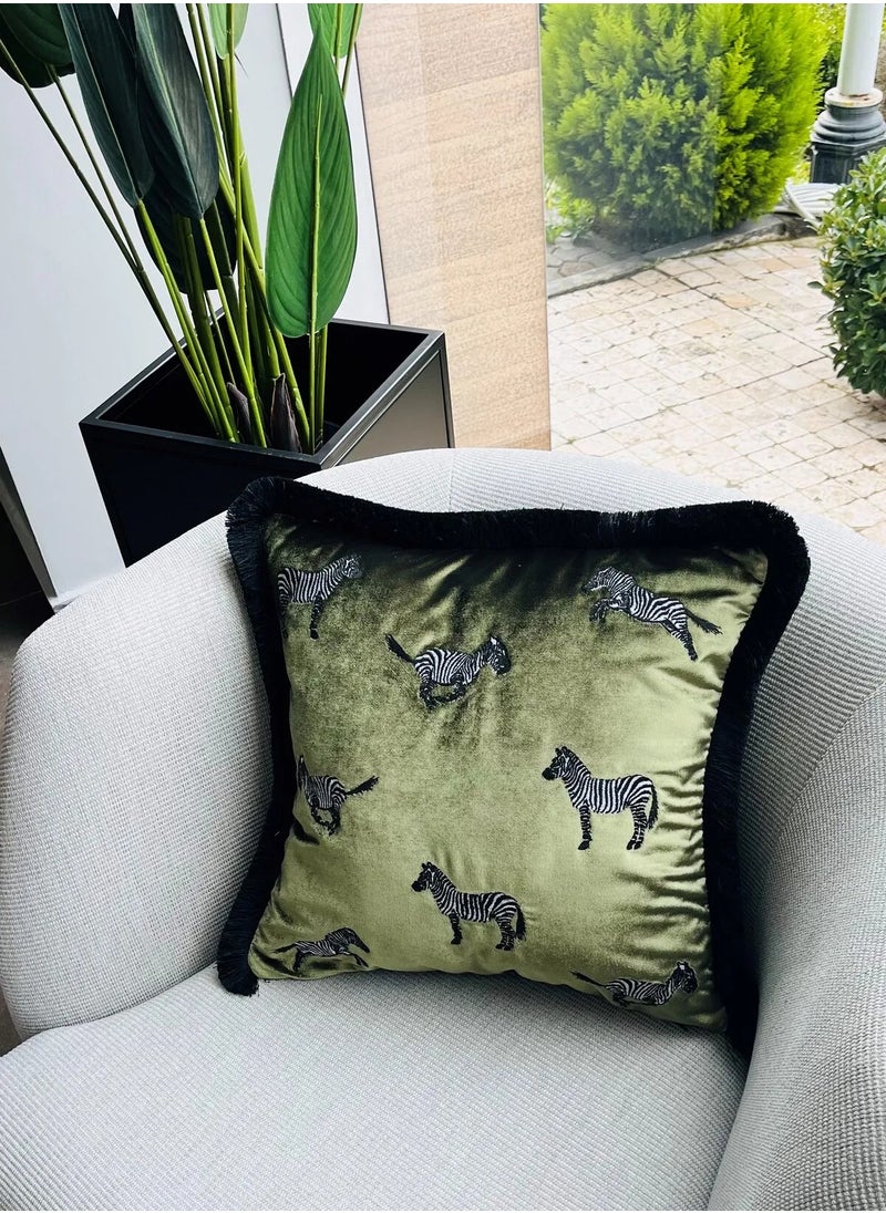 Olive Green Velvet Cushion Cover | Zebra Patterned Decorative Pillow Cover