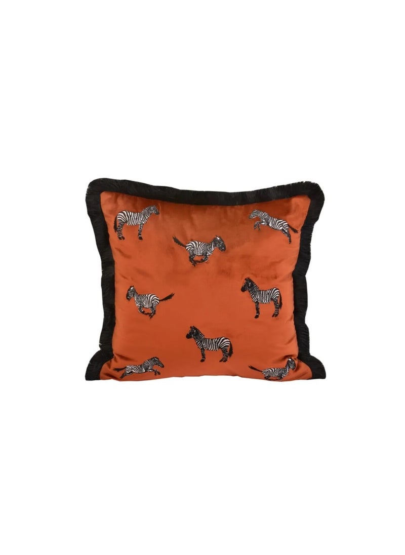 Imported Velvet Brick Color Zebra Embroidered Pillow Case | Decorative Cushion 45x45 cm