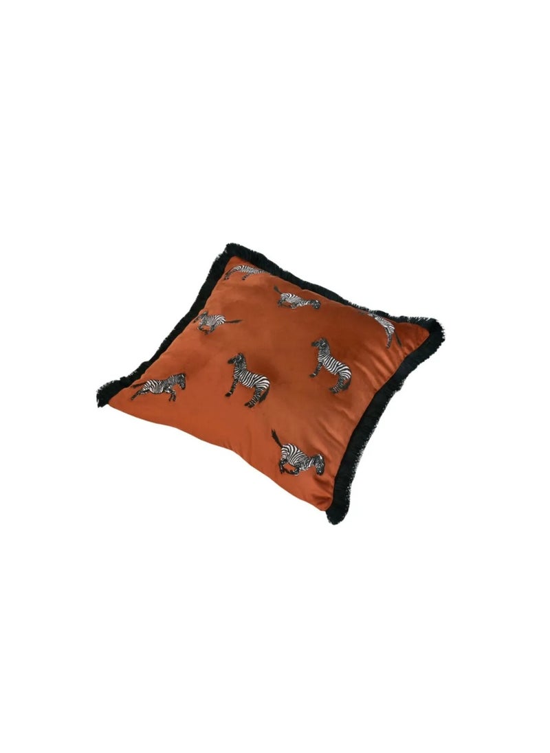 Imported Velvet Brick Color Zebra Embroidered Pillow Case | Decorative Cushion 45x45 cm