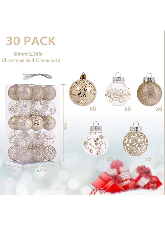 60mm/2.36inch Clear Christmas Ornaments Set, 30ct Champagne Christmas Ornaments Balls for Christmas Tree Decorations Shatterproof Transparent Baubles with Stuffed Decoration for Xmas Wedding Party