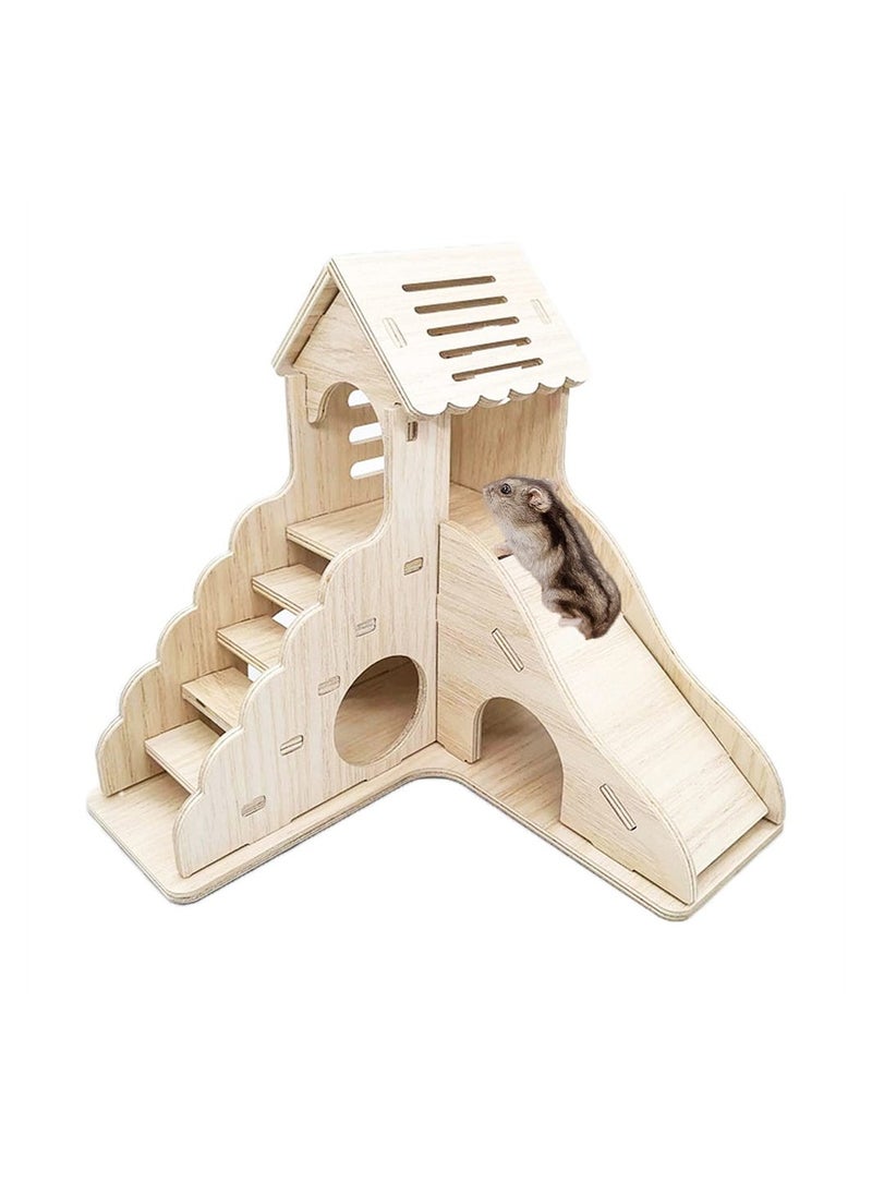 Hamster Hideout, Hamster House and Habitat Wooden Hide Hut with Climbing Ladder and Slide for Dwarf Gerbils and Mouse Mice Rat Other Small Animals