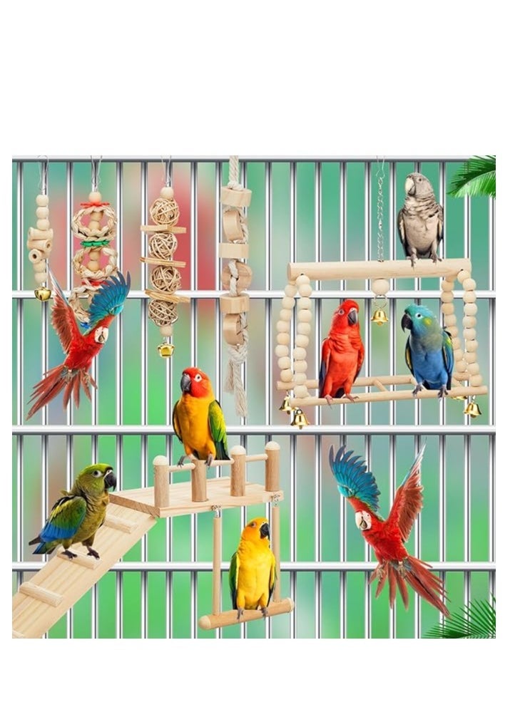 10 Pcs Parrot Swing Toys and Bird Perches Platform, Parrot Swing Chewing Hanging Standing Wooden Toys Bird Cage Accessories, Lovebirds, Finches, Conures, Cockatiels, bird Perches Cage.