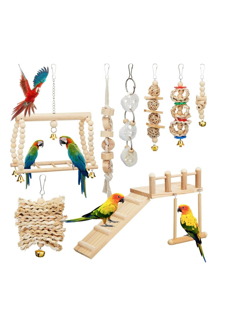 10 Pcs Parrot Swing Toys and Bird Perches Platform, Parrot Swing Chewing Hanging Standing Wooden Toys Bird Cage Accessories, Lovebirds, Finches, Conures, Cockatiels, bird Perches Cage.