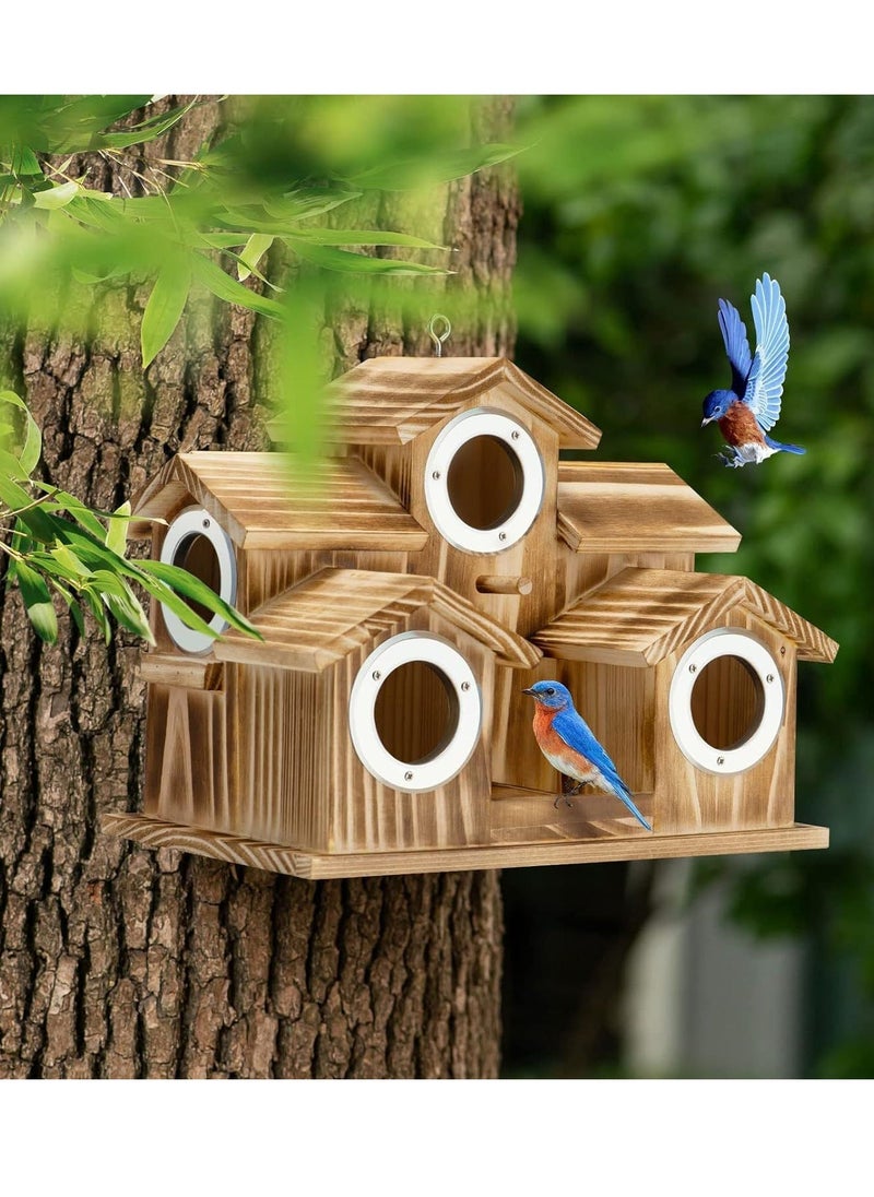 Bird House,Bird Houses for Outside 5 Hole Wooden Natural Bird House Finch Bluebird Cardinals Handmade Hanging Birdhouse for GardenBackyardCourtyard Brown