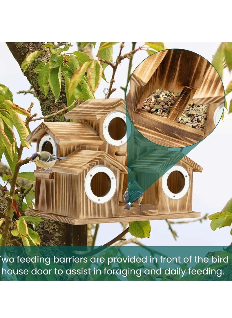 Bird House,Bird Houses for Outside 5 Hole Wooden Natural Bird House Finch Bluebird Cardinals Handmade Hanging Birdhouse for GardenBackyardCourtyard Brown