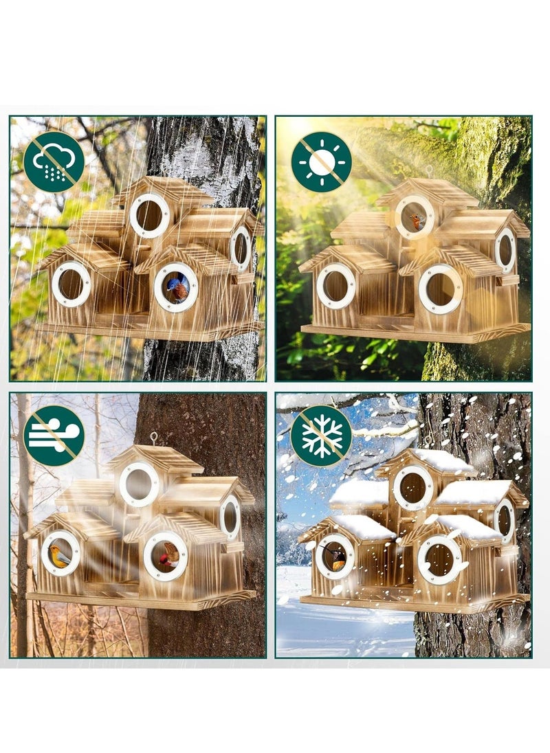 Bird House,Bird Houses for Outside 5 Hole Wooden Natural Bird House Finch Bluebird Cardinals Handmade Hanging Birdhouse for GardenBackyardCourtyard Brown