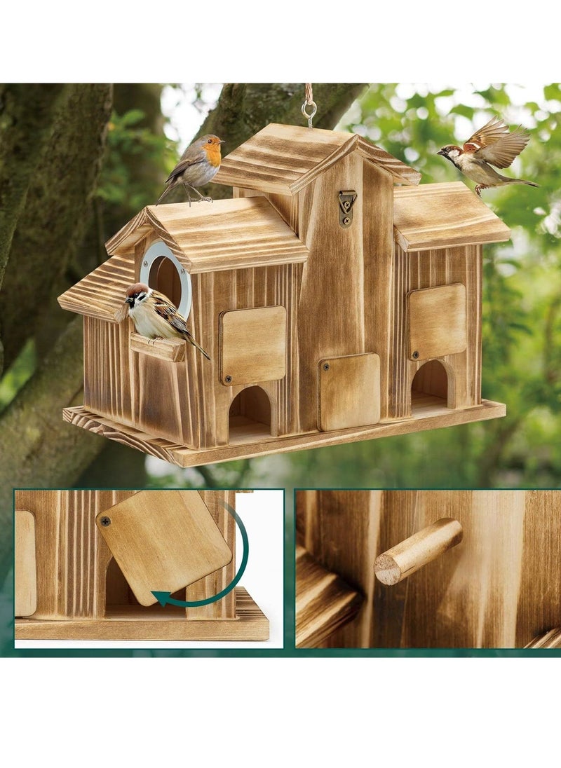 Bird House,Bird Houses for Outside 5 Hole Wooden Natural Bird House Finch Bluebird Cardinals Handmade Hanging Birdhouse for GardenBackyardCourtyard Brown