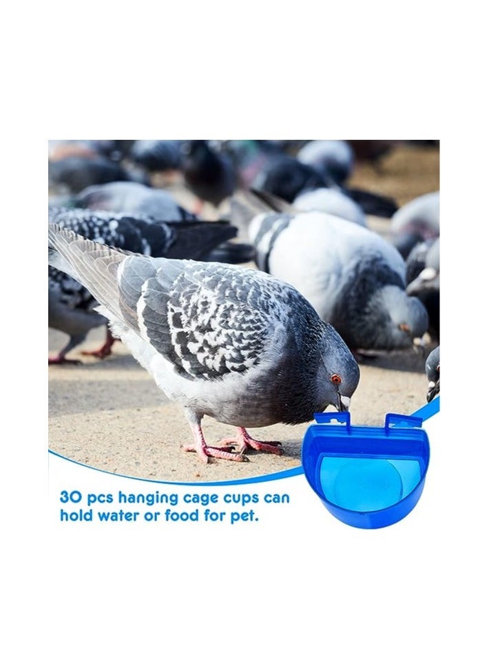 Cage Cups Bird Feeders, Chicken Water Feeder Bunny Food Bowl Plastic Seed Bowl Hanging Chicken Feeding Watering Dish Feeders, Bird Cage Feeding Cups for Parrot Parakeet Poultry Pigeon, Blue(30 Pcs)