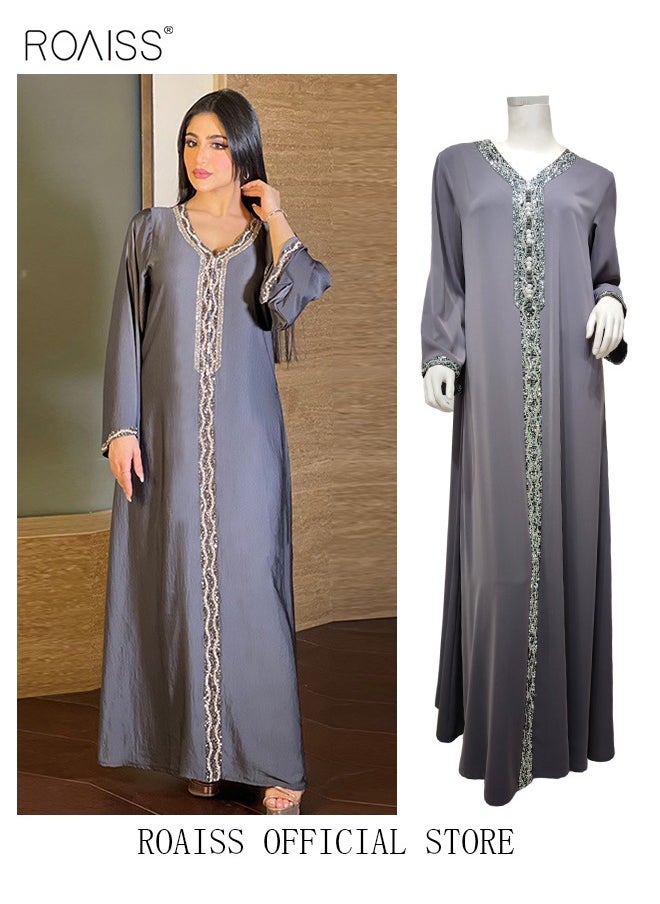 Women Luxury V-neck Rhinestone Robe Maxi Dresses Exclusive Styles Modern Stylish Abaya Middle East Arabic Banquet Wedding Party Dress Women's Festival Clothing