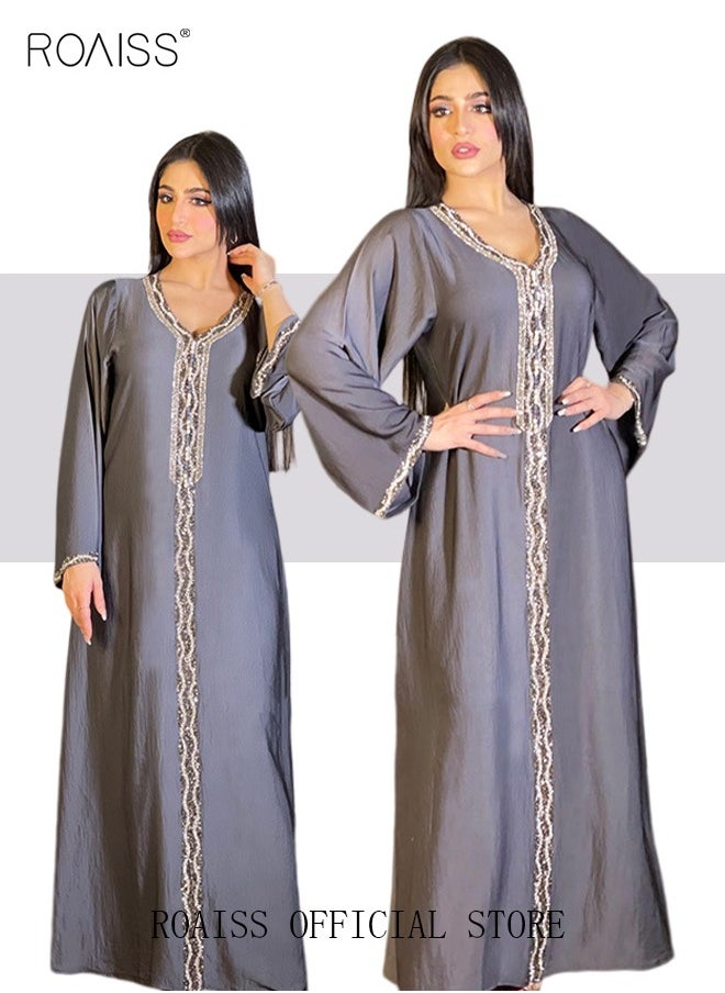 Women Luxury V-neck Rhinestone Robe Maxi Dresses Exclusive Styles Modern Stylish Abaya Middle East Arabic Banquet Wedding Party Dress Women's Festival Clothing