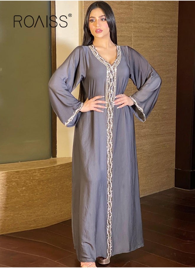 Women Luxury V-neck Rhinestone Robe Maxi Dresses Exclusive Styles Modern Stylish Abaya Middle East Arabic Banquet Wedding Party Dress Women's Festival Clothing