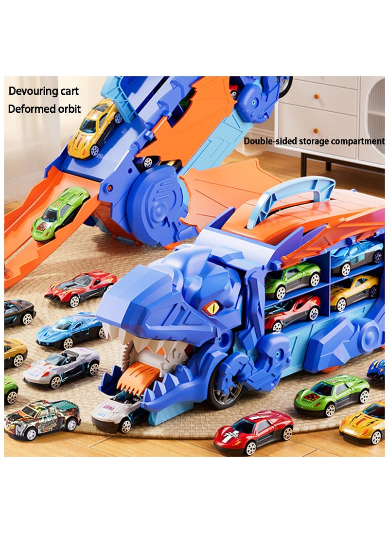 Transporter Truck Toy with 12 Racing Cars, Dinosaur Truck  Toy Cars Monster Truck Carrier Set for Kids, Blue