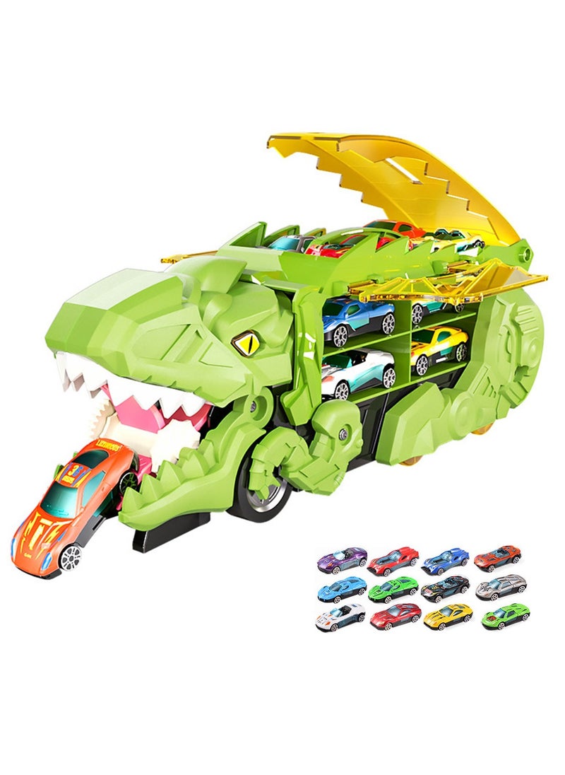 Transporter Truck Toy with 12 Racing Cars, Dinosaur Truck  Toy Cars Monster Truck Carrier Set for Kids, Green