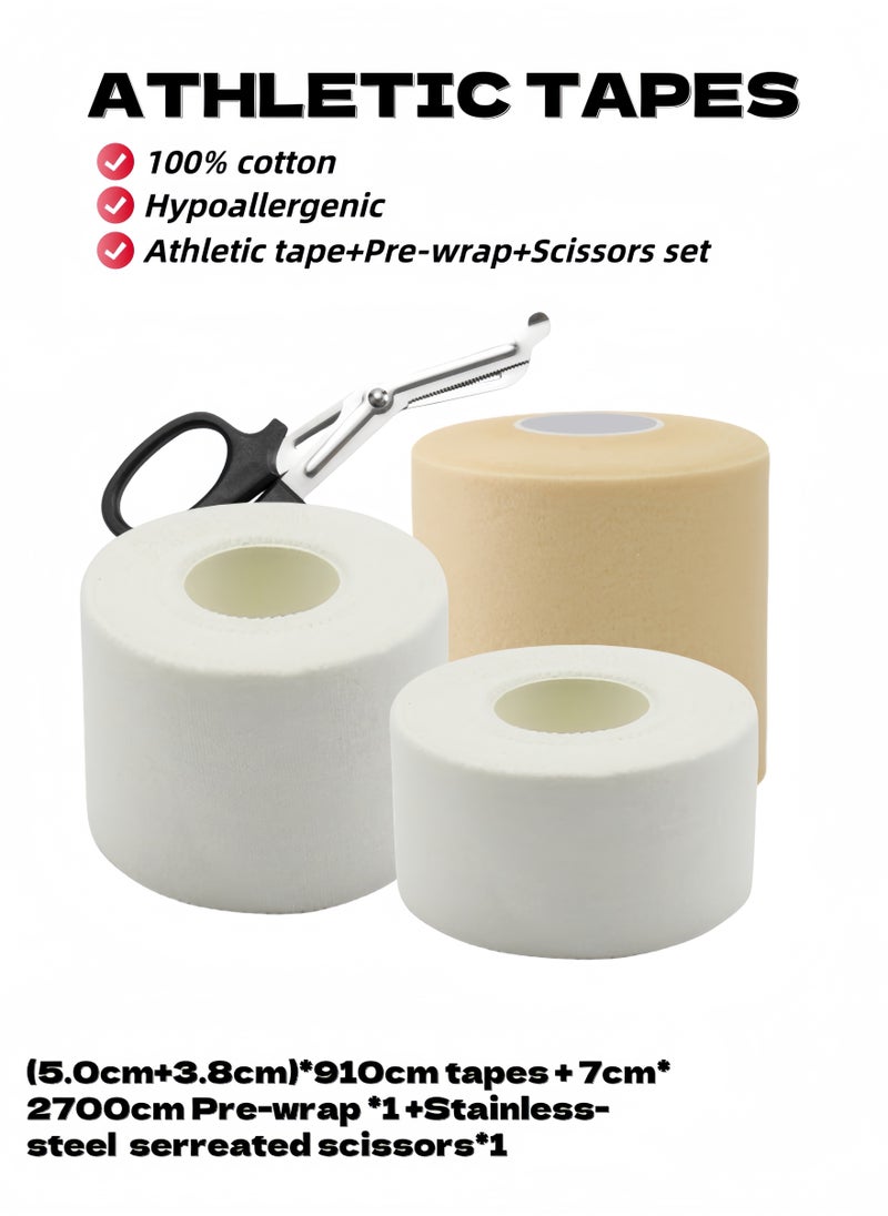 (5.0+3.8)*910cm 2 White Athletic Tapes, 7*2700cm 1 Skin Foam Pre-wrap, & 1 Stainless Steel Scissors, Sports Protection Set,Very Strong, Easy Tear, No Sticky Residue Tape for Athlete & Sport Trainers & First Aid Injury Wrap, Suitable for Basketball, Bats, Tennis, Gymnastics, Boxing, etc.