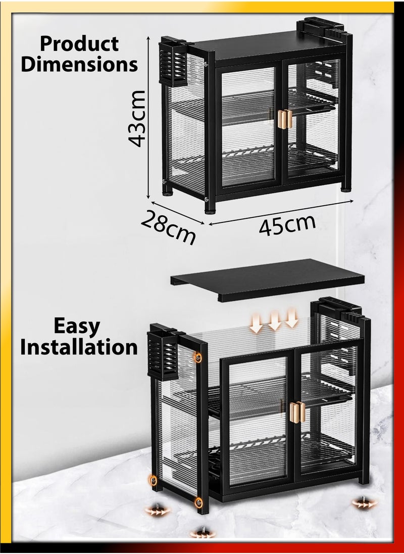 Kitchen Countertop 2 Layer Carbon Steel Dish Drying Rack Dual Door Cabinet Layer Shelf Storage Detachable Drainer Tray Accessories Organizer Shelves for Bowls Plates Utensils Cutlery Spoon Fork Knife