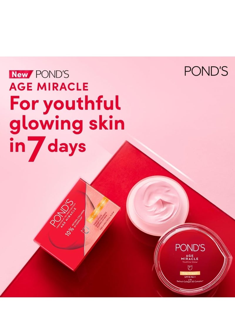 Pond's Age Miracle Youthful Glow Day Cream with SPF 15 PA++, Anti-Ageing Cream, With 10% Retinol-Collagen B3 Complex, Reduce Fine Lines & Combat Sagging Skin, 50g