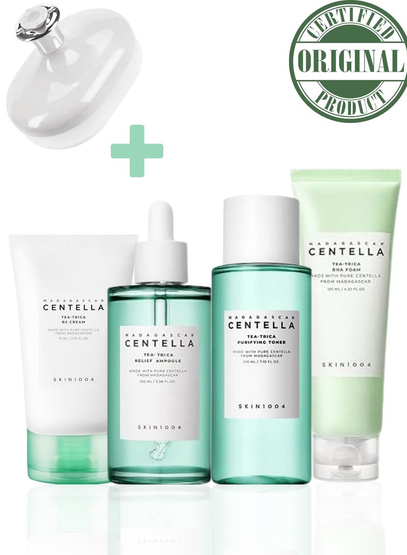 Madagascar Centella Tea-Trica Skincare Set - Includes BHA Foam Cleanser, Purifying Toner, Relief Ampoule, and B5 Cream - Complete Routine for Clear, Hydrated, and Balanced Skin 510ml