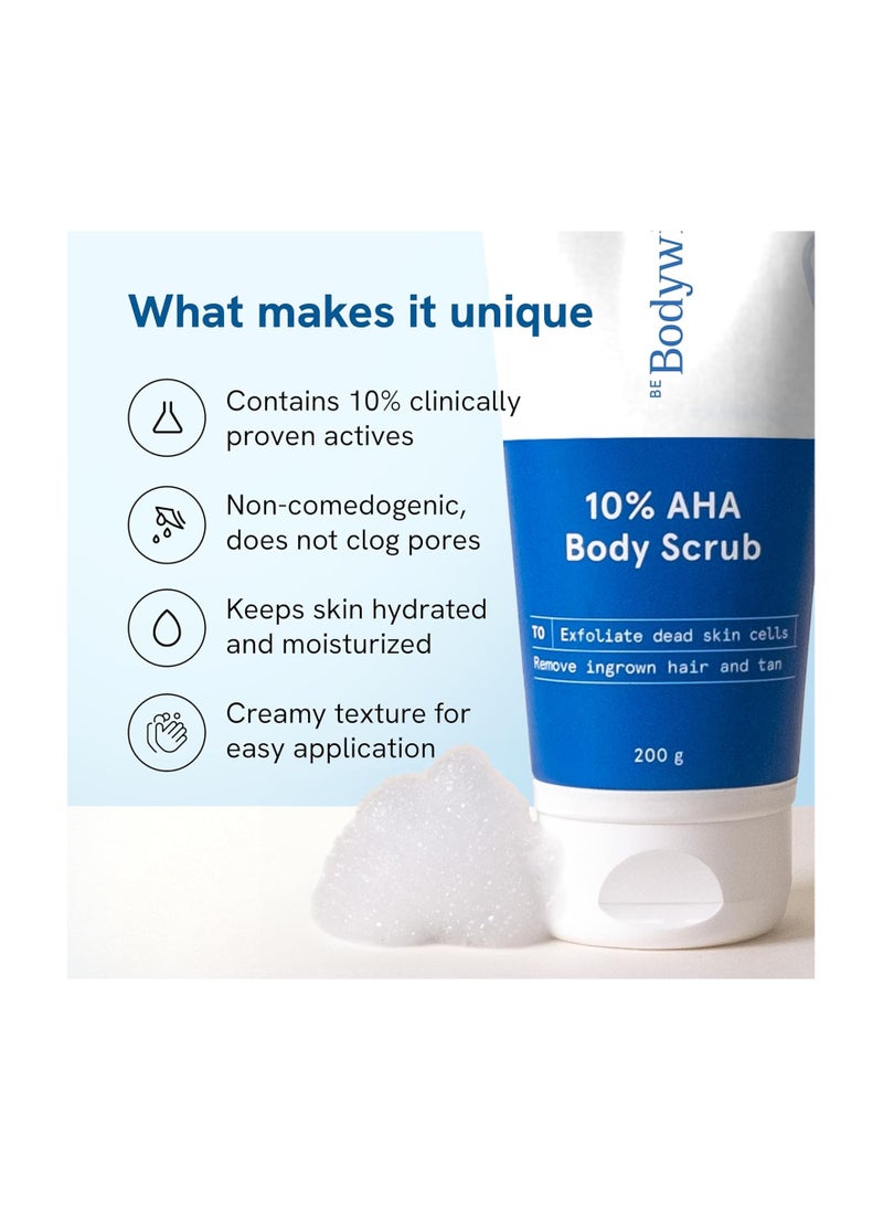 Be Bodywise 10% Lactic AHA Exfoliating Body Scrub (200g) | For Tan Removal & Soft-Smooth Skin | For Women | De-Tan Bathing Scrub with Centella Water & Aloe Vera, Removes Dirt & Dead Skin from Neck, Knees, Elbows & Arms