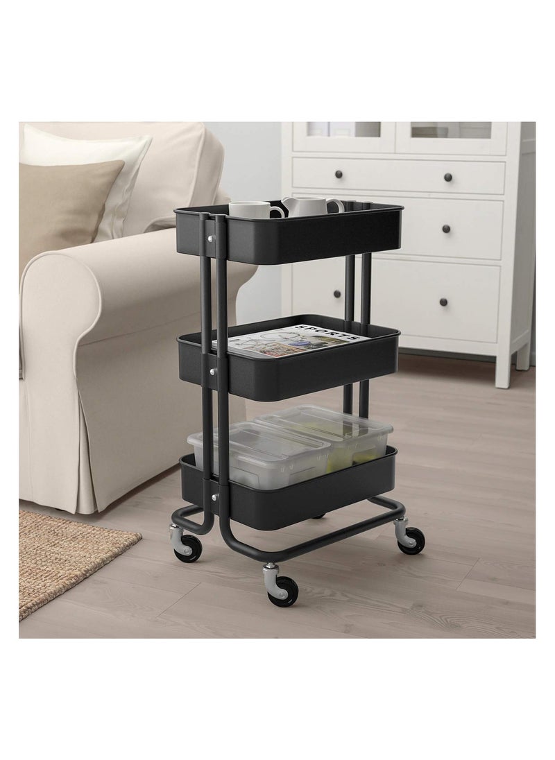 Multipurpose 3-Tier Storage Trolley Cart With Shelf and Wheels Black 85x27cm
